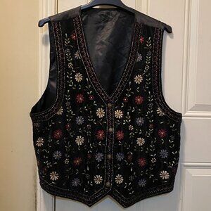 Vintage Floral Embroidered Black Velvet Vest | Boho Cottagecore Waistcoat L/XL